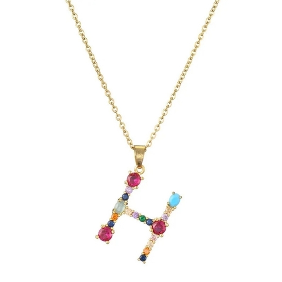 H Initial Pendant Necklace Mixed Gems Gold Tone Chain - Picture 12 of 15